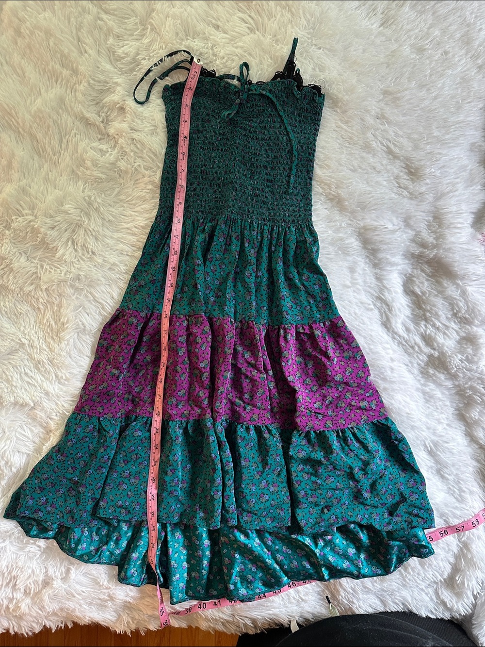 Vintage Y2K Betsey Johnson Teal Floral High-Low Milkmaid Dress with Lace Trim 4 - Picture 7 of 11